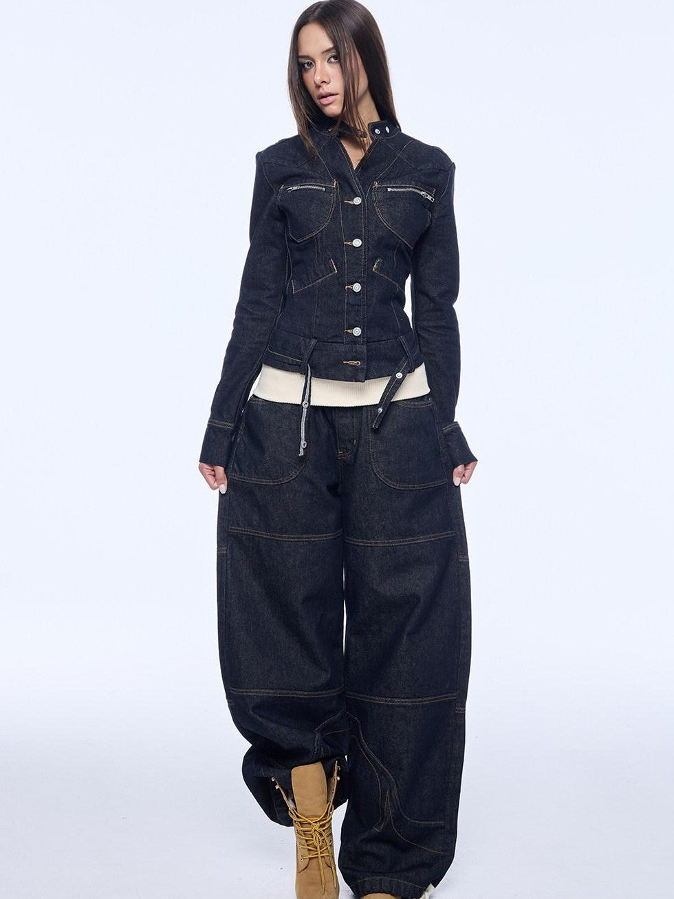BUM STUDIO Structured Paneled Waist Cinched Slim X Line Women's Cotton Blend Denim Jackets
