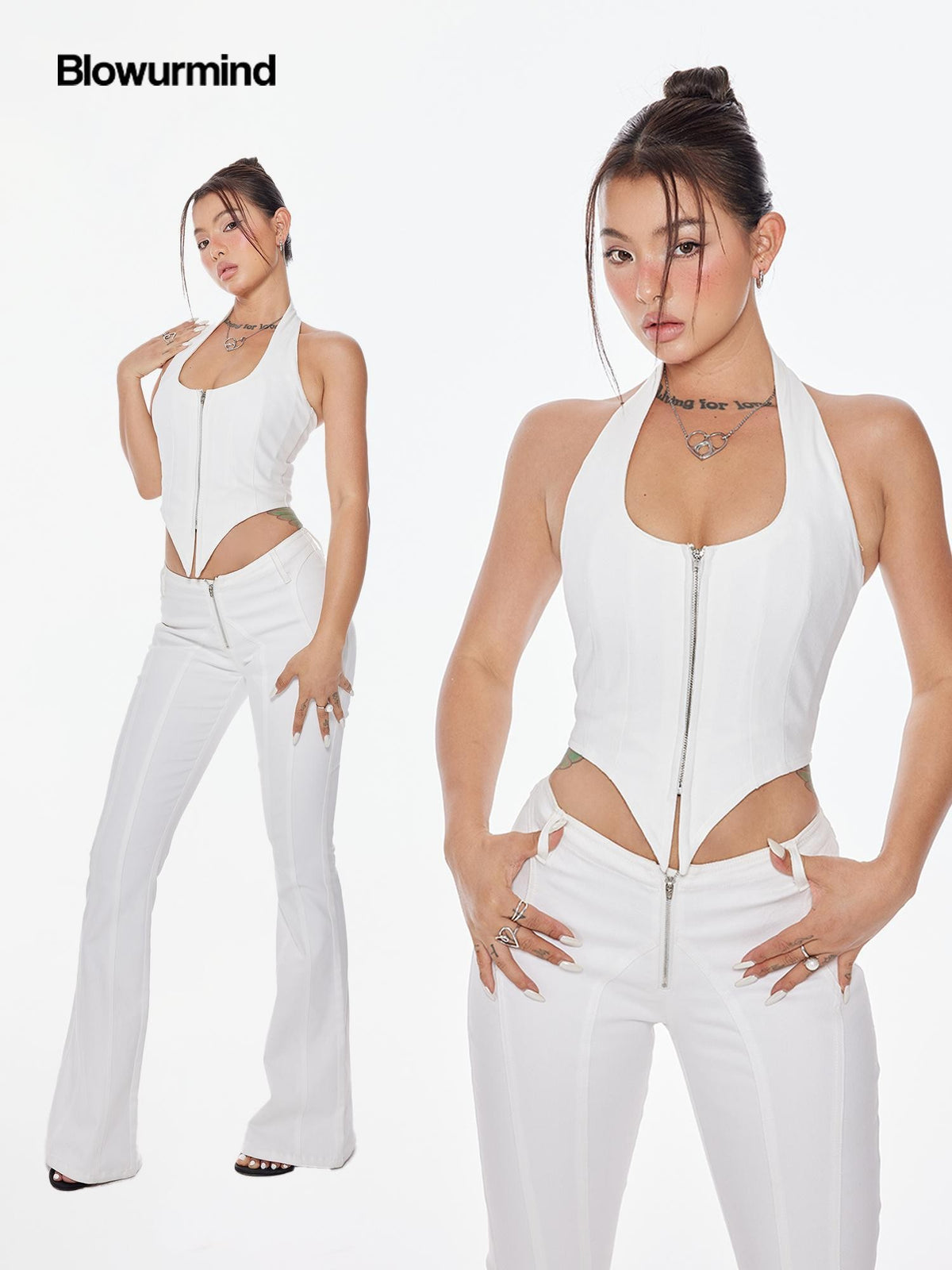 BUM STUDIO Structured Spliced High Density Stretch Denim Women's Cotton Casual Top & Pants Sets