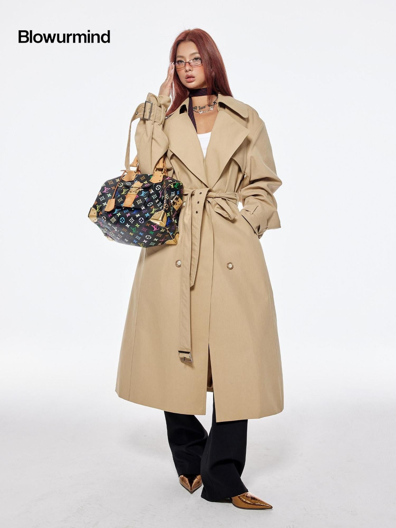 BUM STUDIO Structured Wide Lapel Double Breasted Belted Women's Cotton Blend Trench Coats