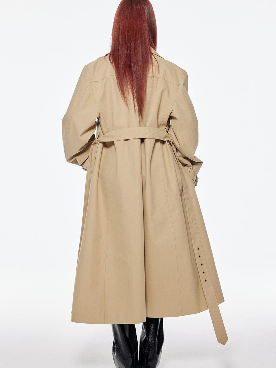 BUM STUDIO Structured Wide Lapel Double Breasted Belted Women's Cotton Blend Trench Coats