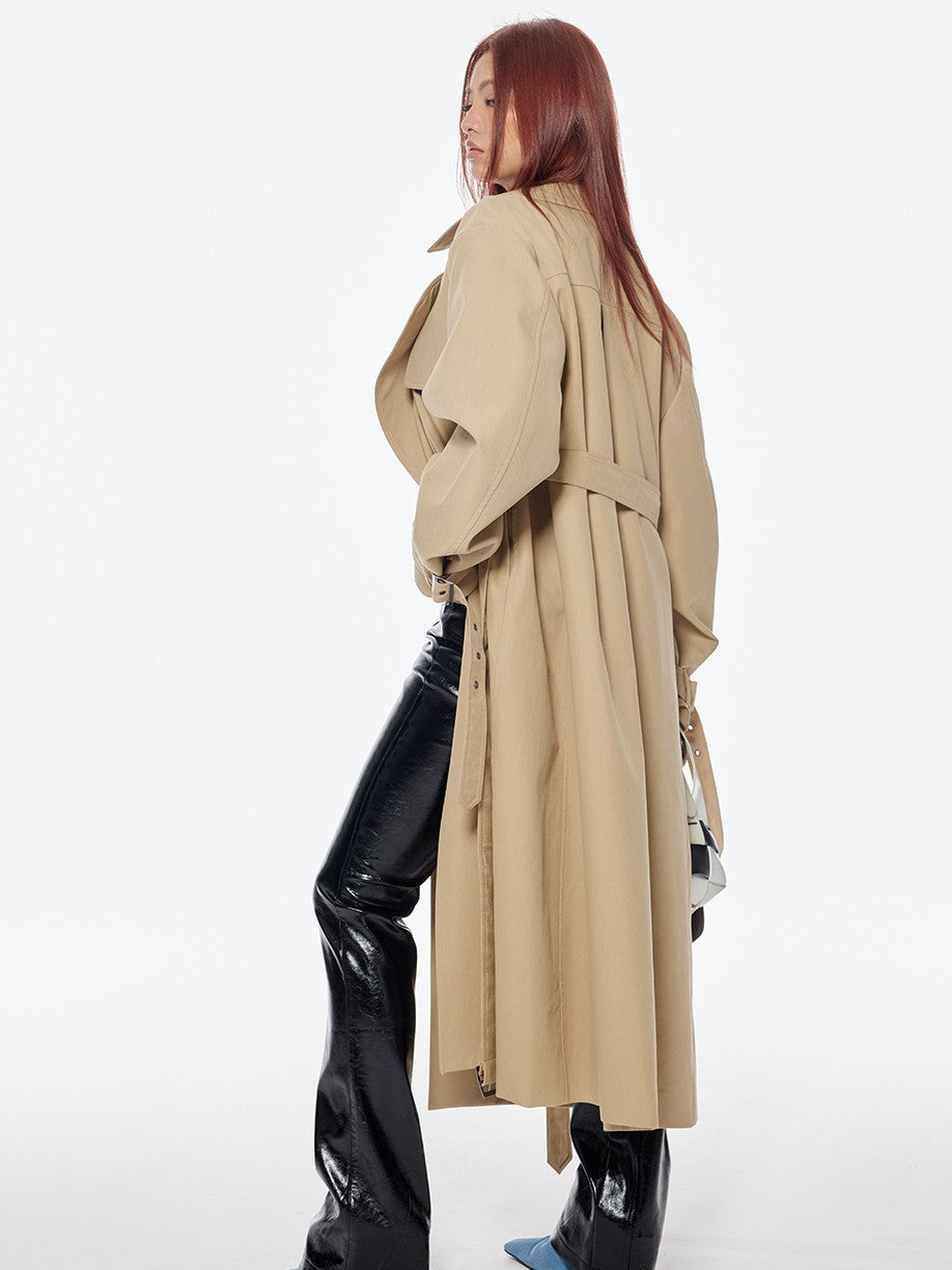 BUM STUDIO Structured Wide Lapel Double Breasted Belted Women's Cotton Blend Trench Coats