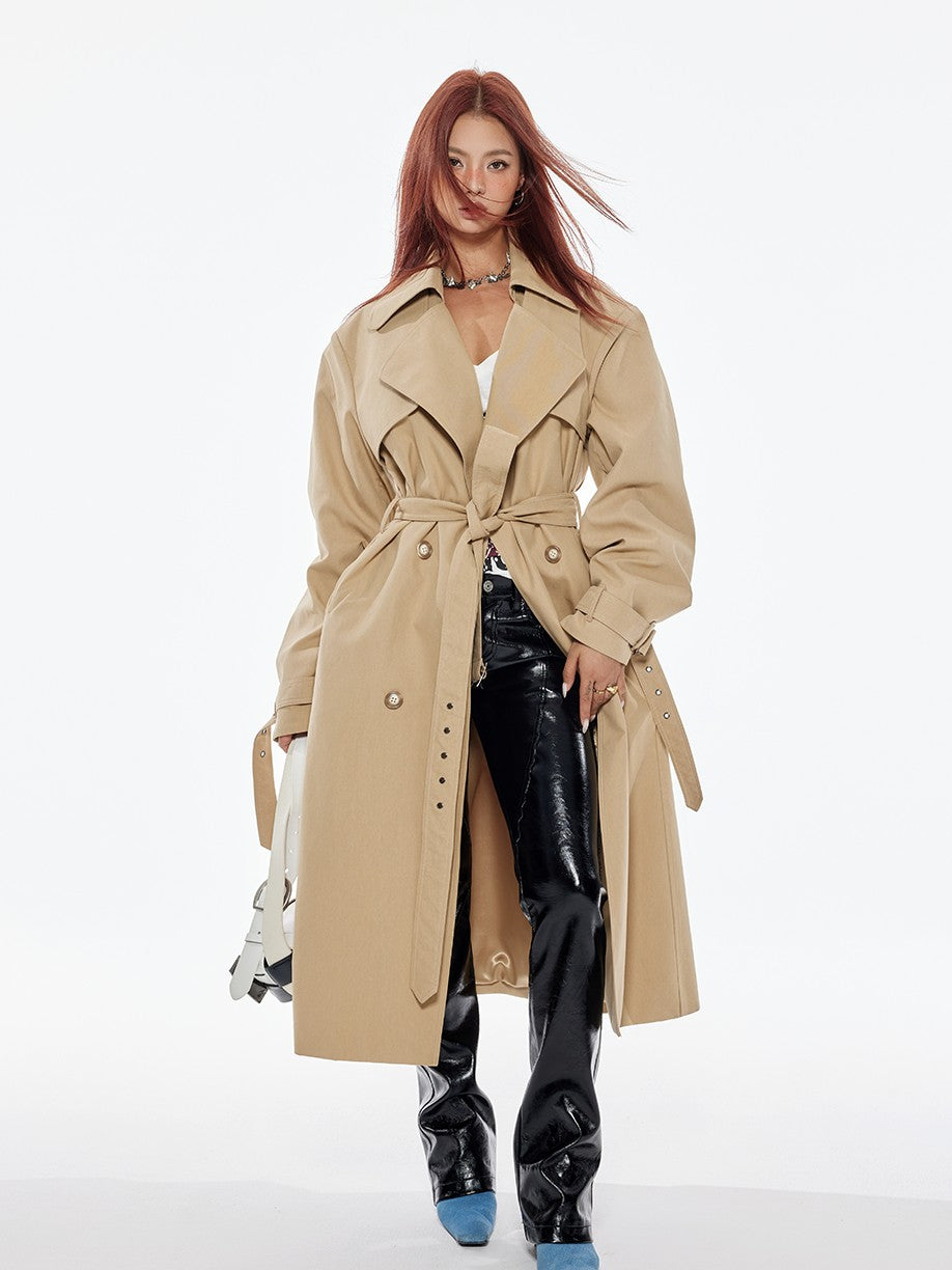 BUM STUDIO Structured Wide Lapel Double Breasted Belted Women's Cotton Blend Trench Coats