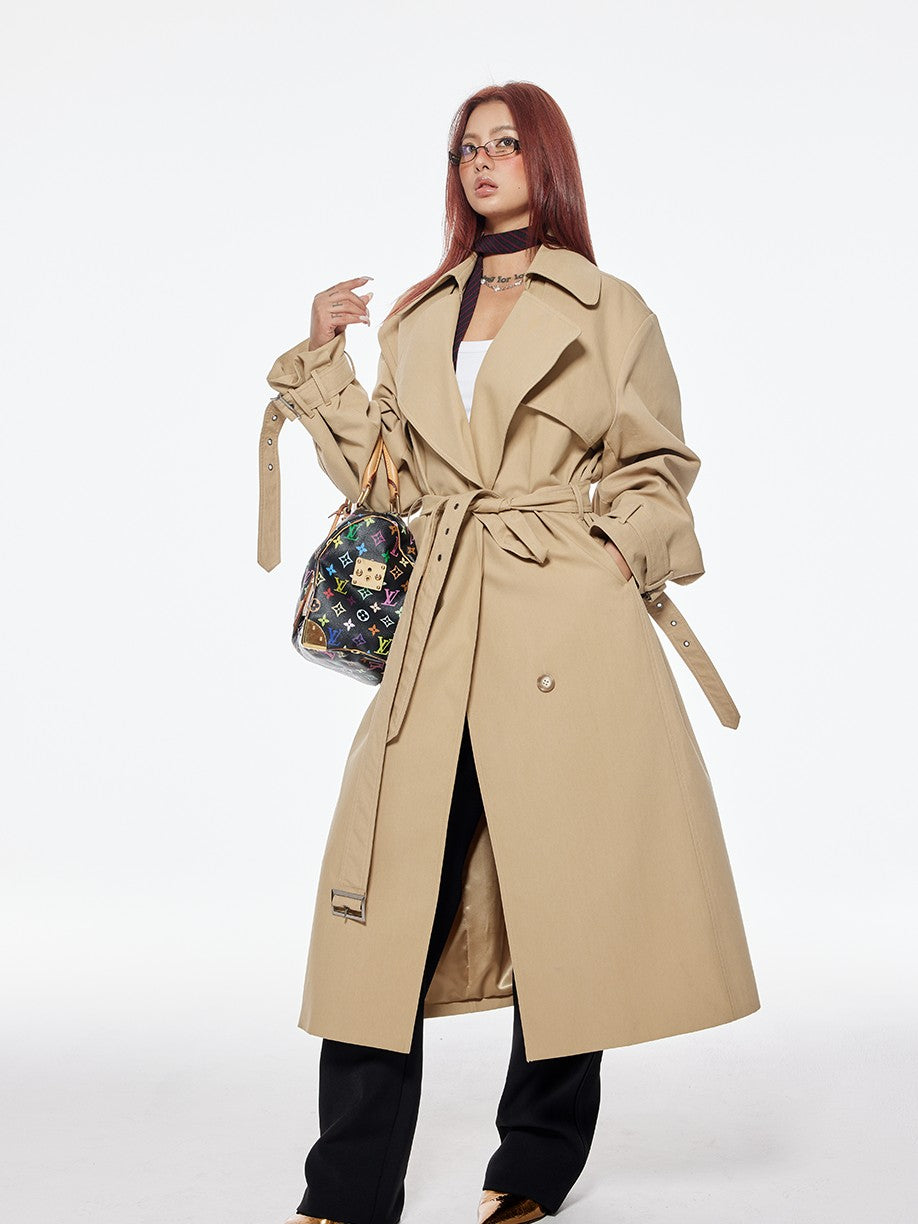 BUM STUDIO Structured Wide Lapel Double Breasted Belted Women's Cotton Blend Trench Coats