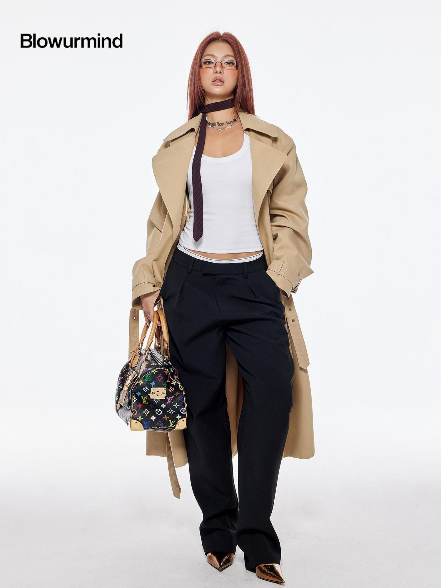 BUM STUDIO Structured Wide Lapel Double Breasted Belted Women's Cotton Blend Trench Coats
