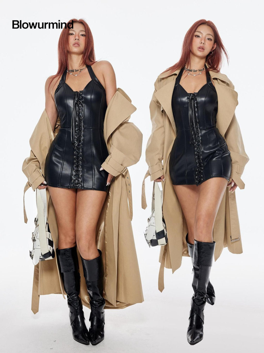 BUM STUDIO Structured Wide Lapel Double Breasted Belted Women's Cotton Blend Trench Coats