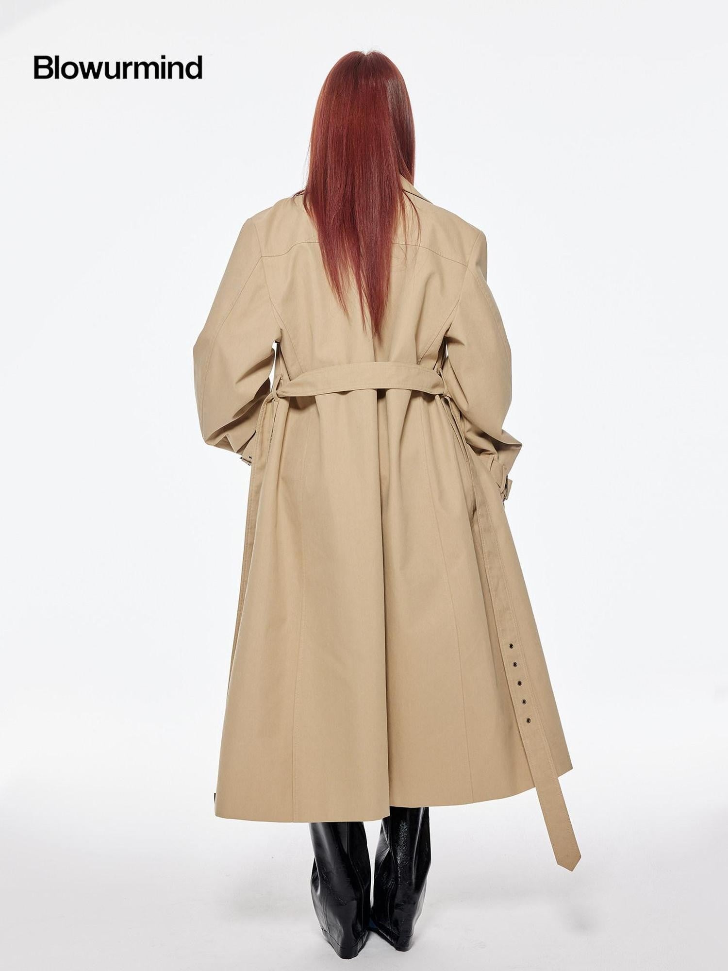 BUM STUDIO Structured Wide Lapel Double Breasted Belted Women's Cotton Blend Trench Coats