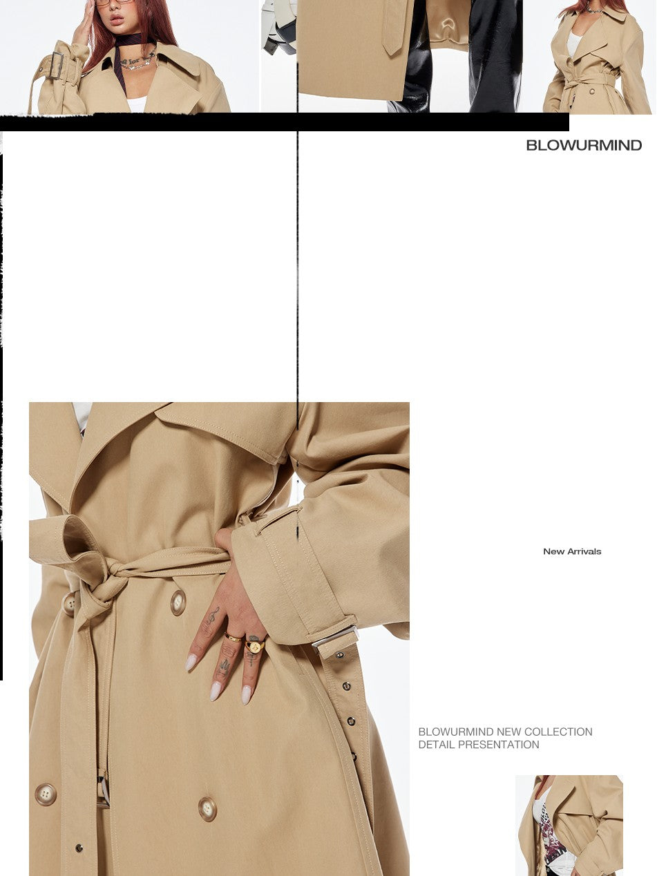 BUM STUDIO Structured Wide Lapel Double Breasted Belted Women's Cotton Blend Trench Coats