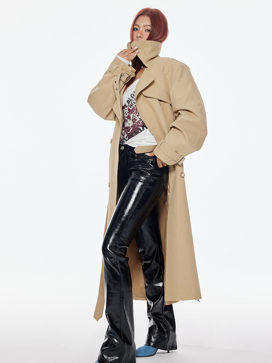 BUM STUDIO Structured Wide Lapel Double Breasted Belted Women's Cotton Blend Trench Coats