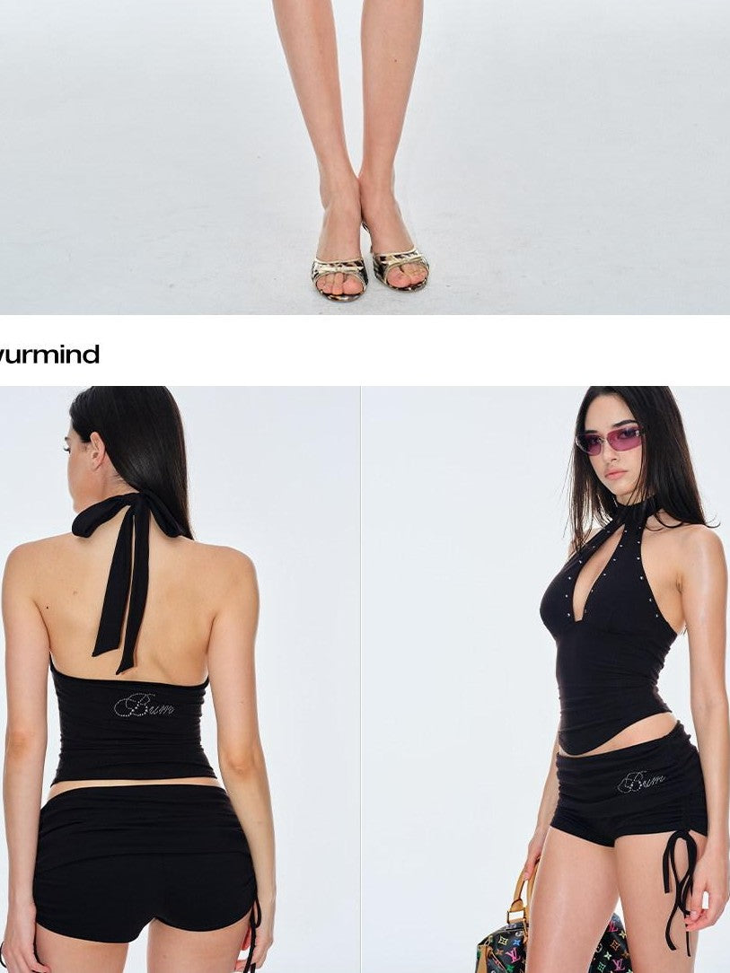 BUM STUDIO Studded Cutout Slim Padded Pink Black Women's Nylon Halter Tops