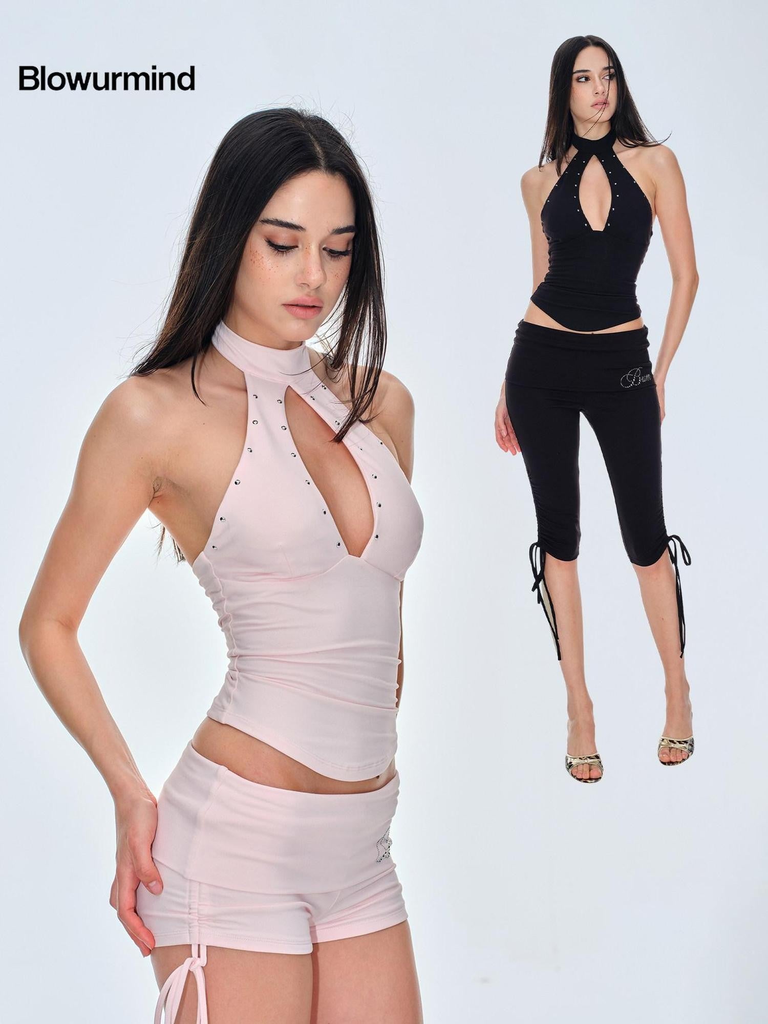 BUM STUDIO Studded Cutout Slim Padded Pink Black Women's Nylon Halter Tops