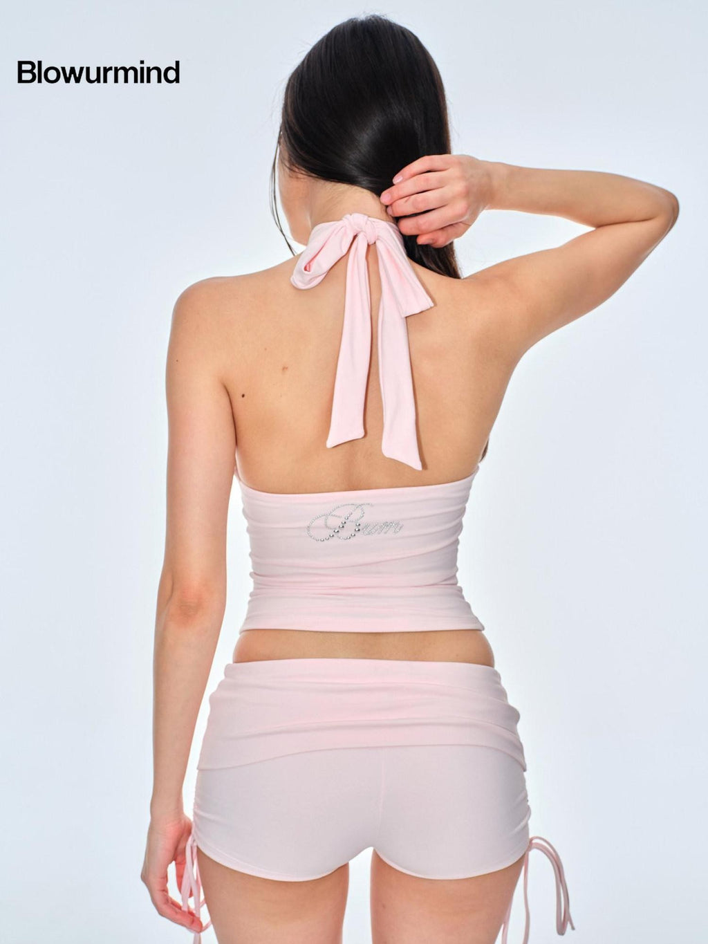BUM STUDIO Studded Cutout Slim Padded Pink Black Women's Nylon Halter Tops