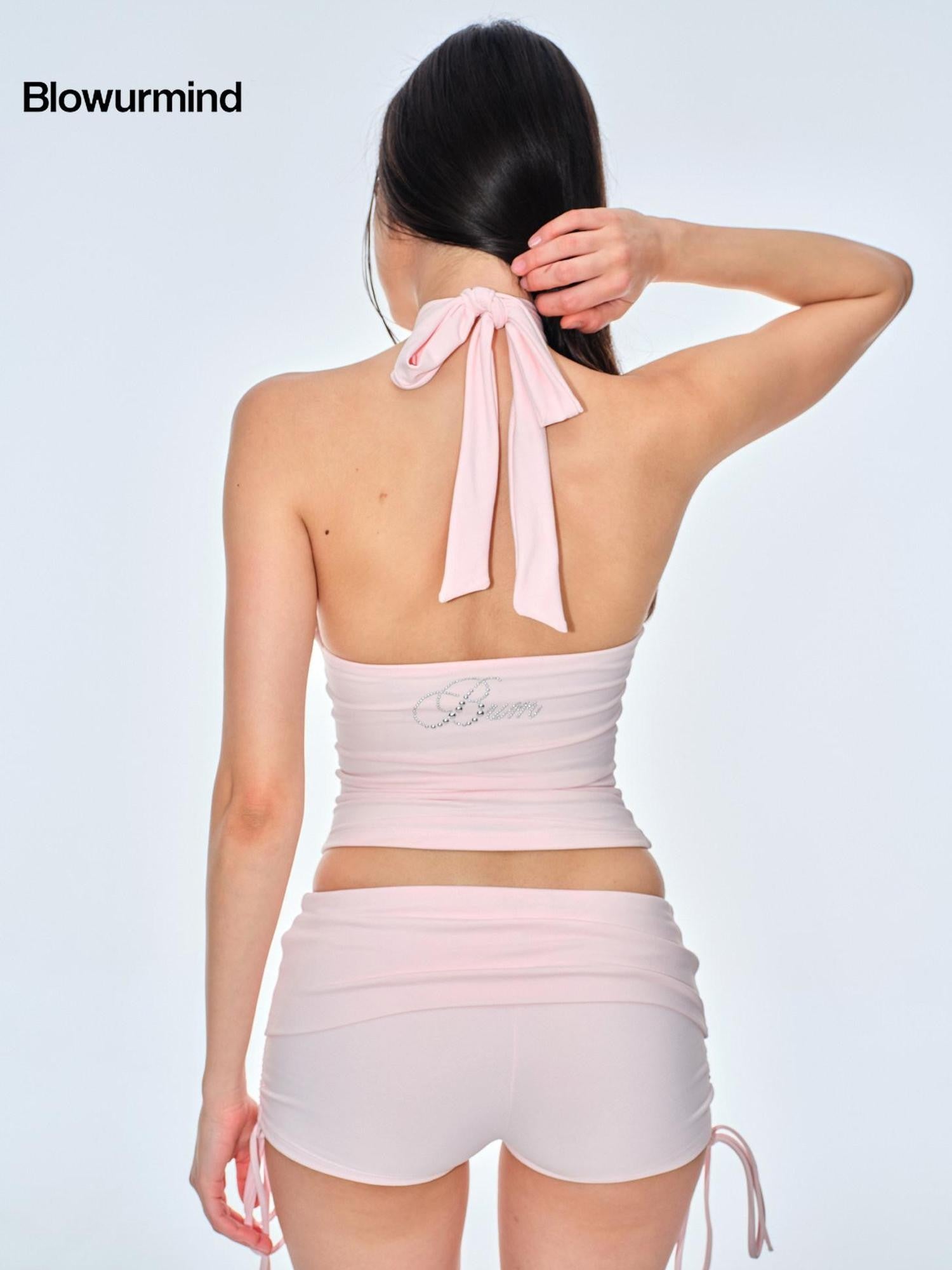 BUM STUDIO Studded Cutout Slim Padded Pink Black Women's Nylon Halter Tops
