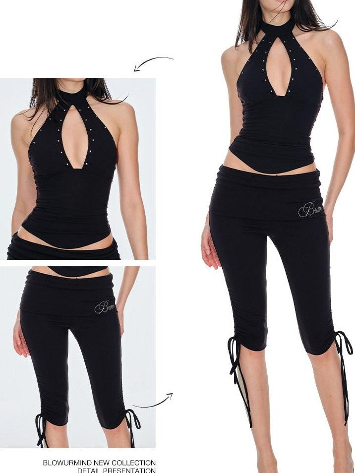 BUM STUDIO Studded Cutout Slim Padded Pink Black Women's Nylon Halter Tops