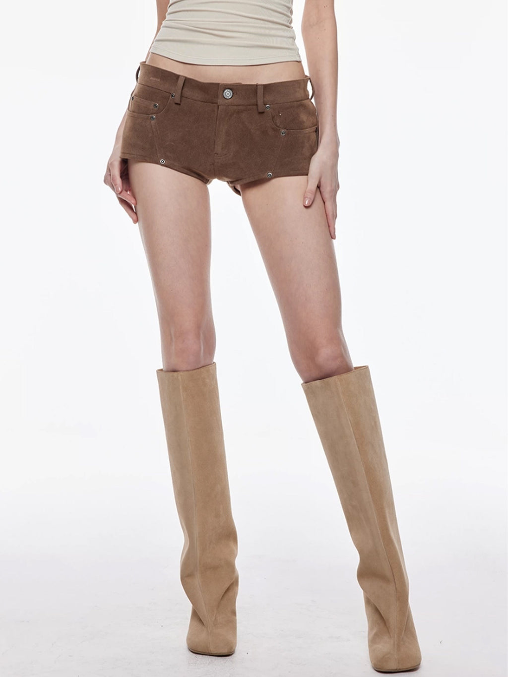 BUM_STUDIO_Suede_Texture_Spliced_Low_Rise_Leg_Lengthening_Slim_Women's_Pu_Hot_Pants_992737630359_MISSTT