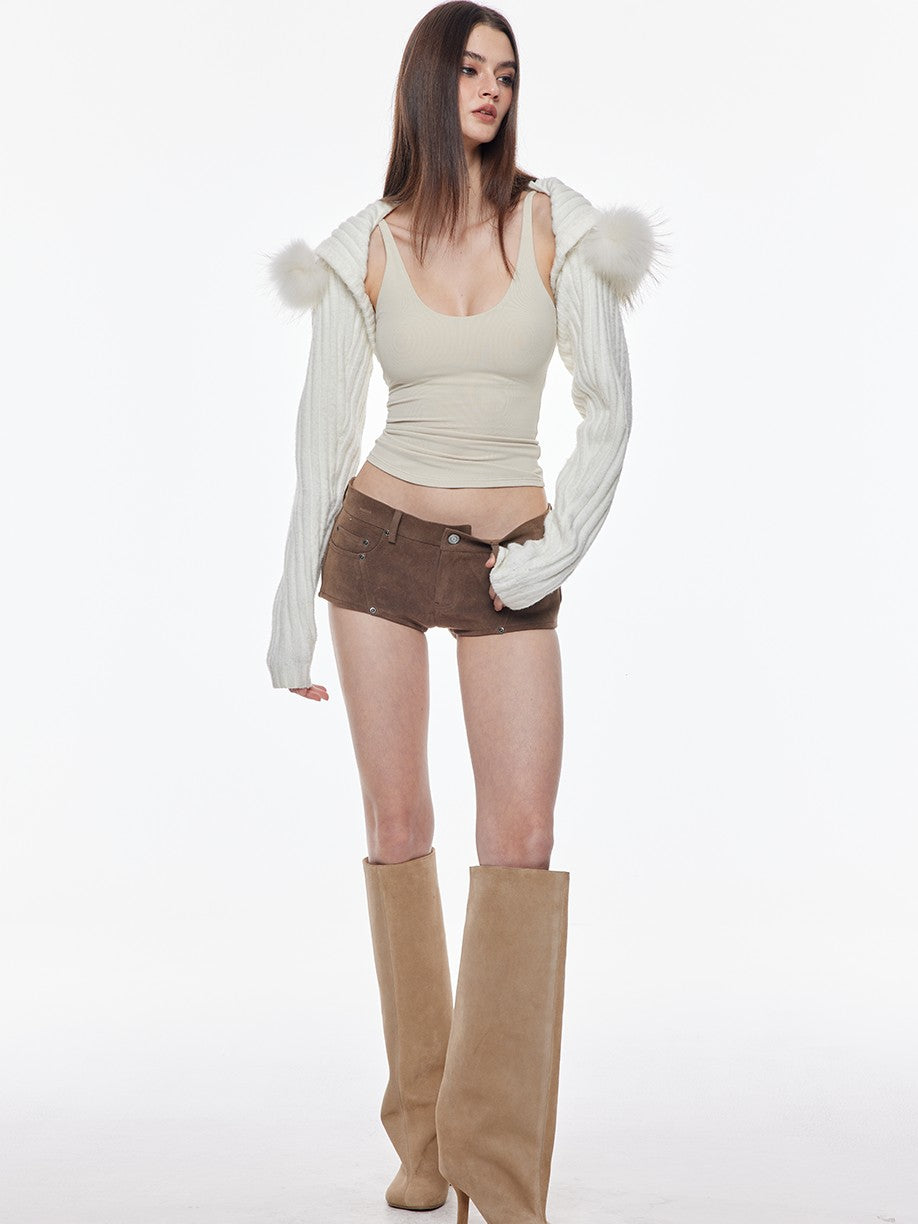 BUM STUDIO Suede Texture Spliced Low Rise Leg Lengthening Slim Women's Pu Hot Pants