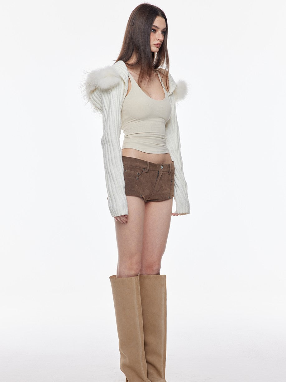 BUM STUDIO Suede Texture Spliced Low Rise Leg Lengthening Slim Women's Pu Hot Pants