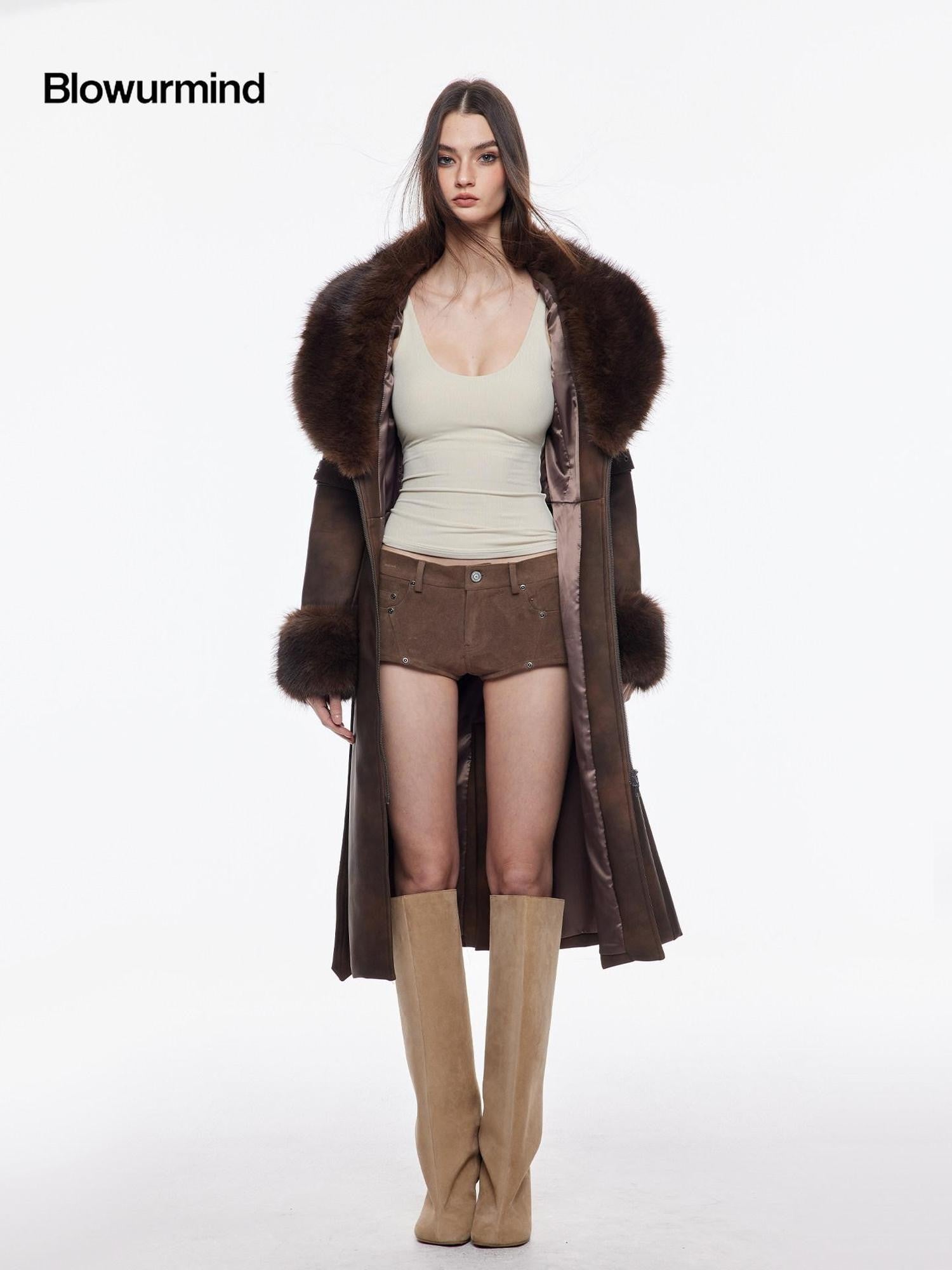 BUM STUDIO Suede Texture Spliced Low Rise Leg Lengthening Slim Women's Pu Hot Pants