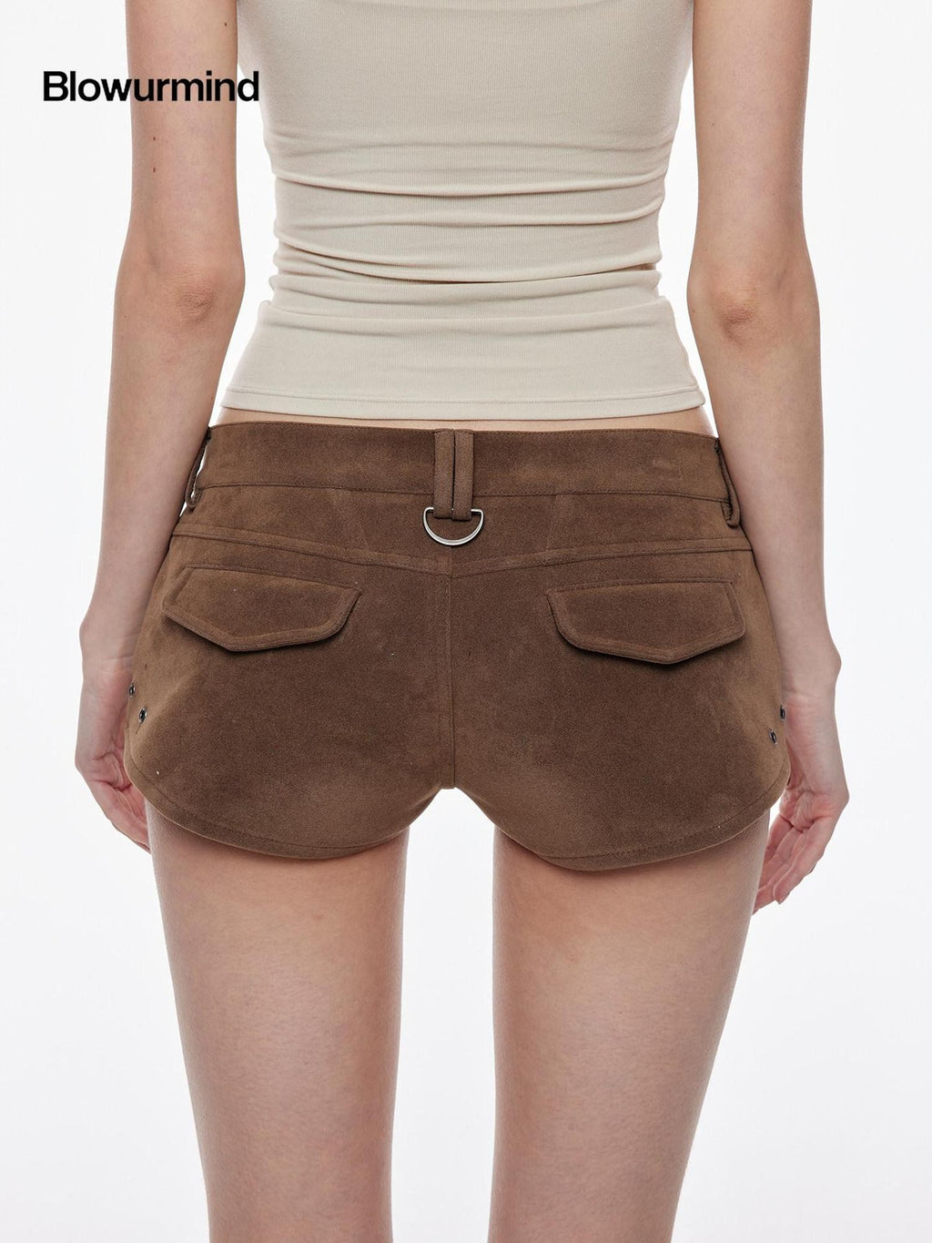 BUM STUDIO Suede Texture Spliced Low Rise Leg Lengthening Slim Women's Pu Hot Pants