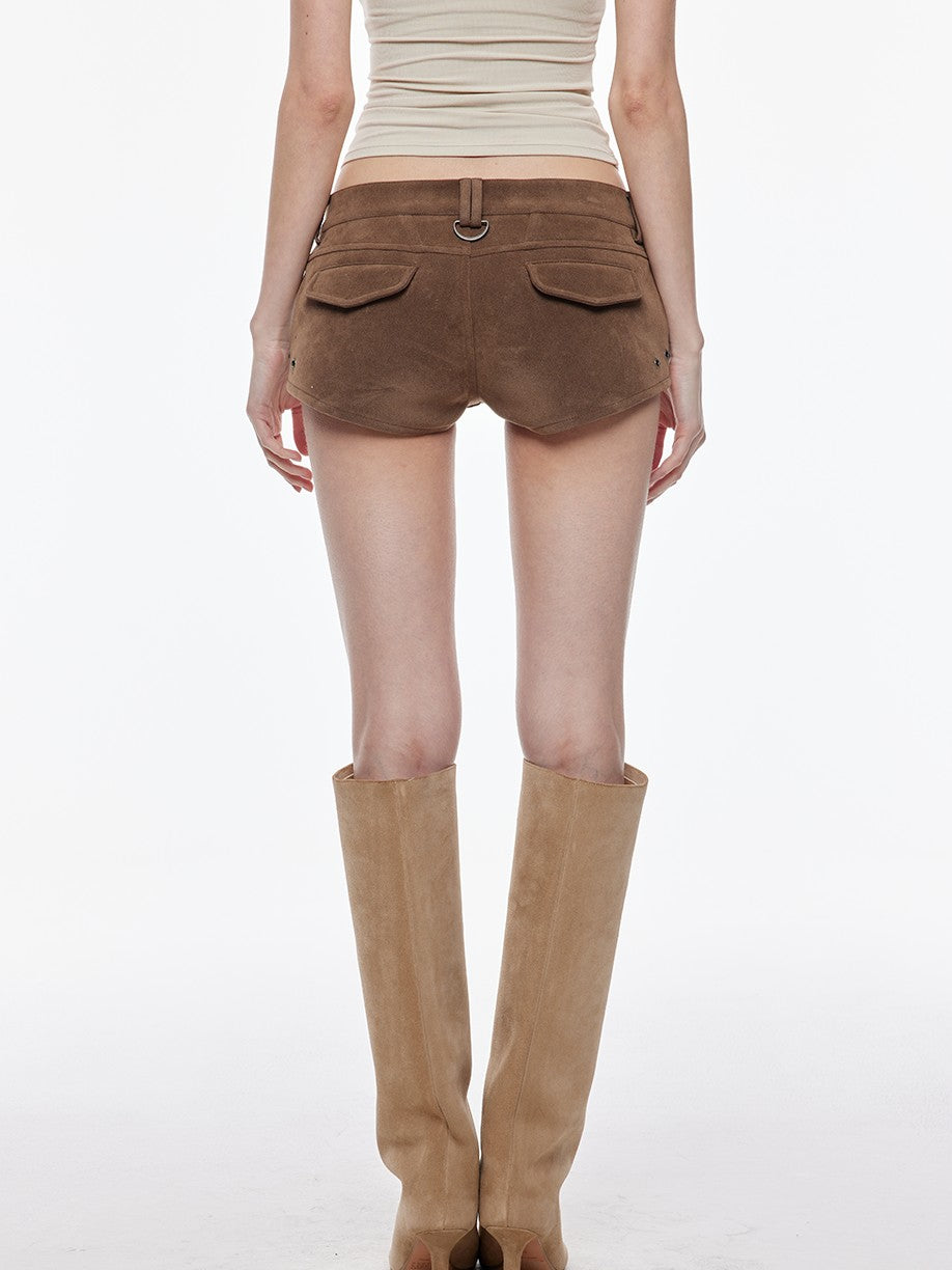 BUM STUDIO Suede Texture Spliced Low Rise Leg Lengthening Slim Women's Pu Hot Pants