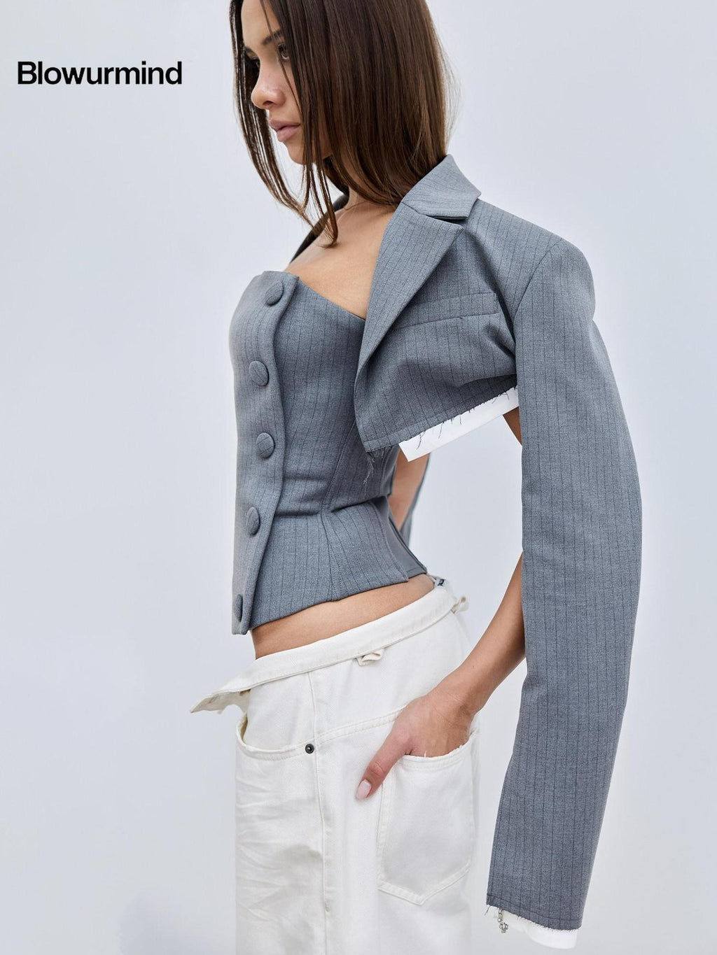 BUM STUDIO Tailored Faux Two Piece Blazer Boned Corset Buttoned Women's Polyester Tube Tops