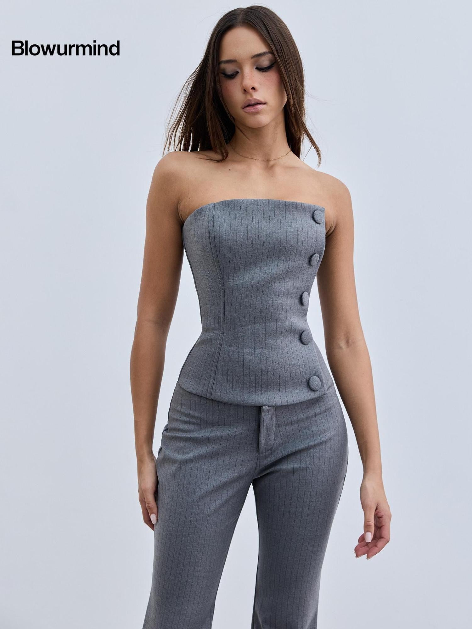 BUM STUDIO Tailored Faux Two Piece Blazer Boned Corset Buttoned Women's Polyester Tube Tops