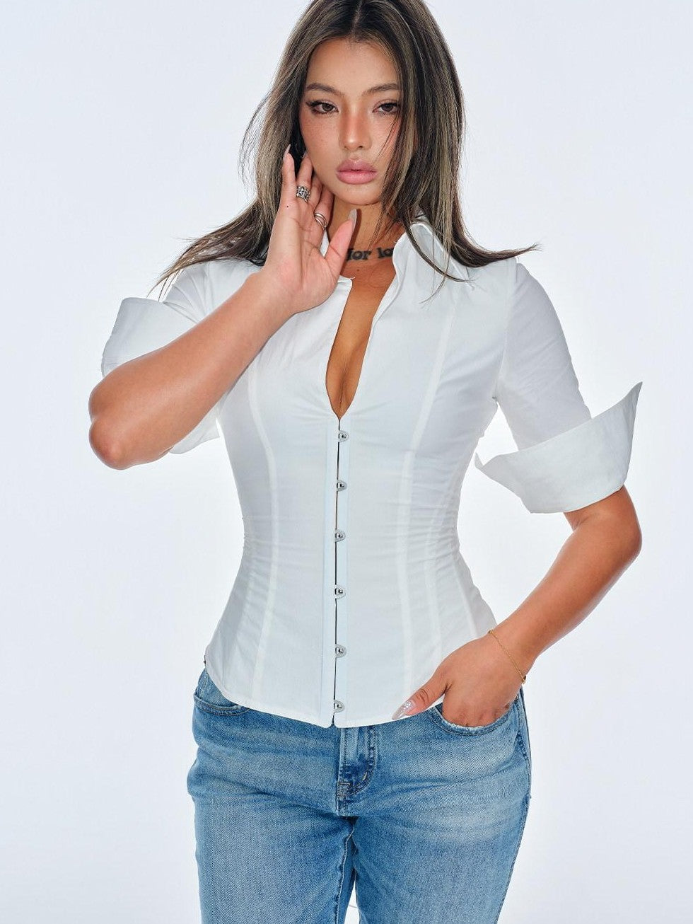 BUM STUDIO Textured Internal Boning Adjustable Tie Waist Women's Cotton Overshirts