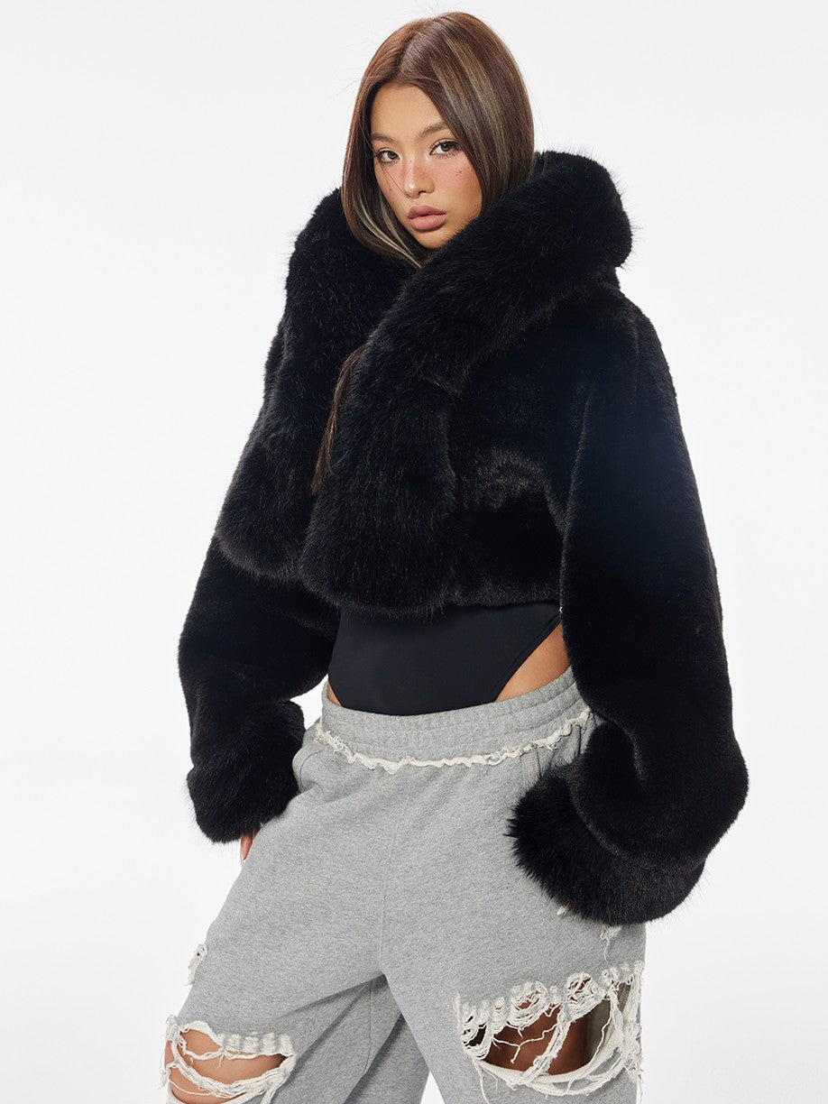 BUM STUDIO Thick Plush Hooded Patchwork Women's Polyester Faux Fur Cropped Jackets