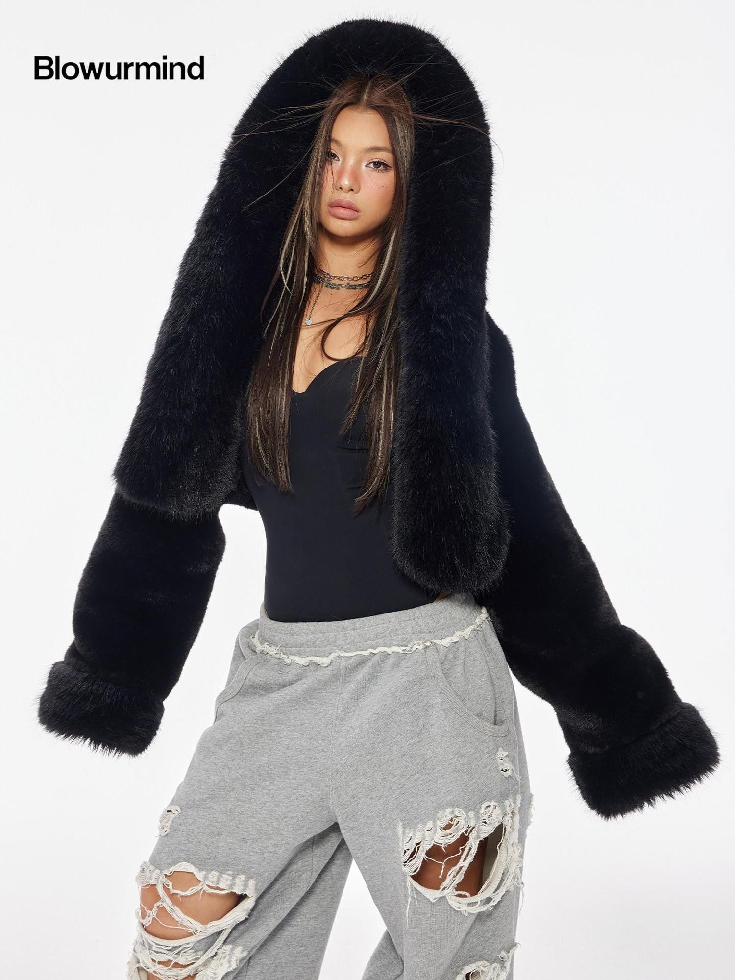 BUM STUDIO Thick Plush Hooded Patchwork Women's Polyester Faux Fur Cropped Jackets