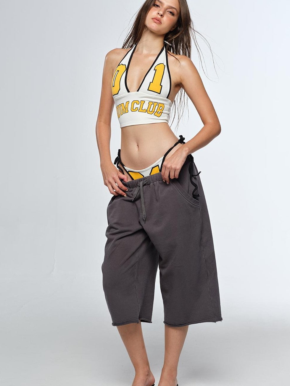 BUM STUDIO V-neck Letter Print Padded American Basketball Girl Women's Nylon Halter Tops