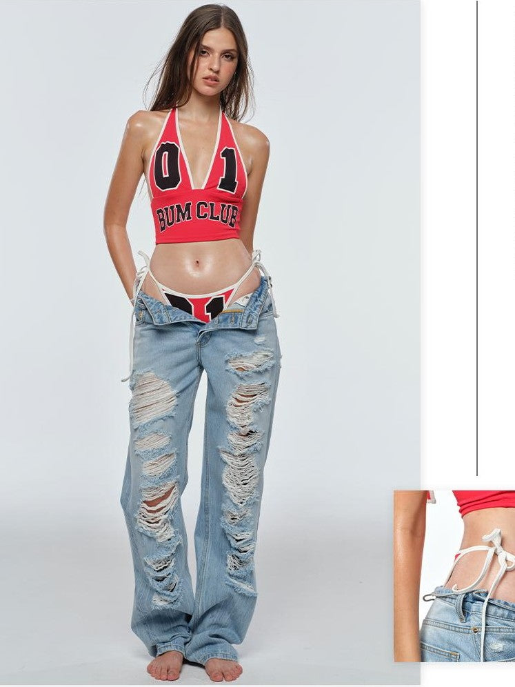 BUM STUDIO V-neck Letter Print Padded American Basketball Girl Women's Nylon Halter Tops