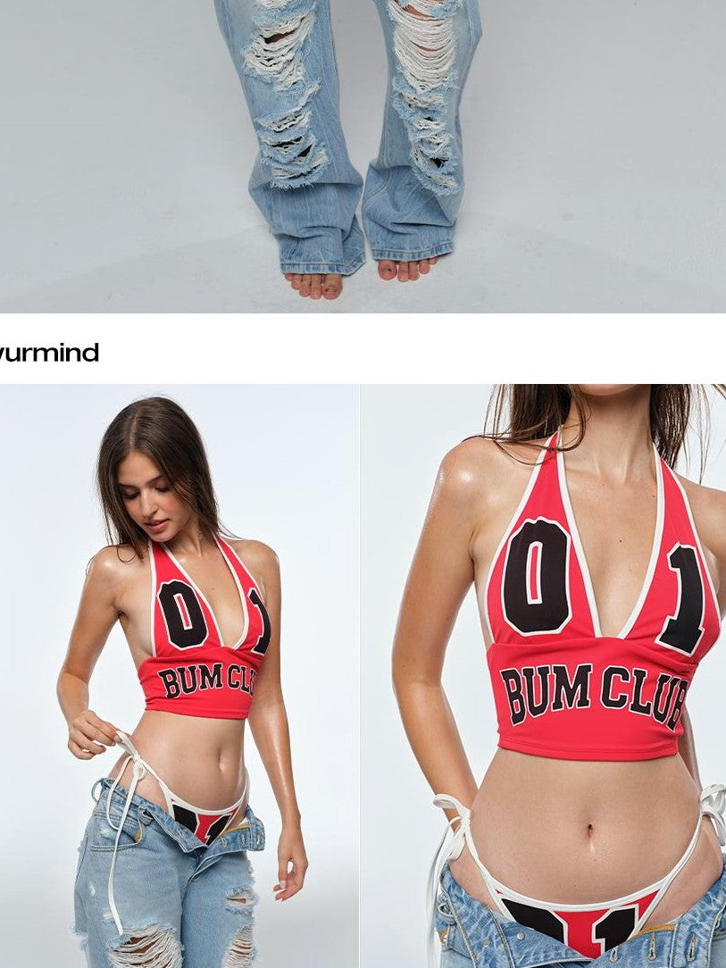 BUM STUDIO V-neck Letter Print Padded American Basketball Girl Women's Nylon Halter Tops