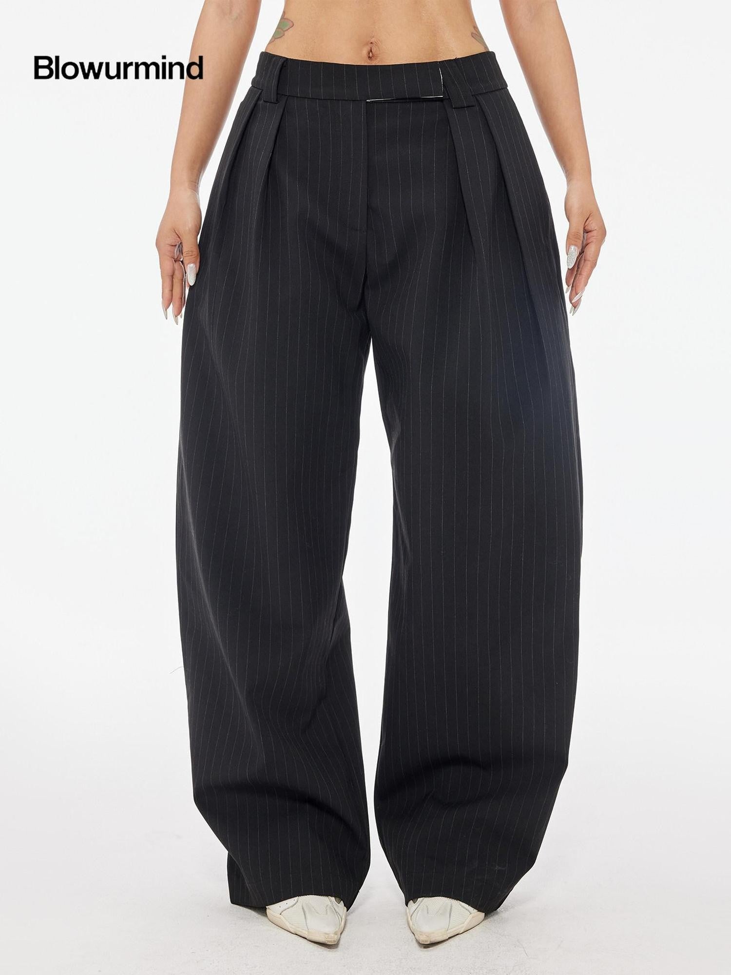 BUM STUDIO Vertical Stripe Composite Craft Smoking Women's Cotton High Waist Tailored Pants