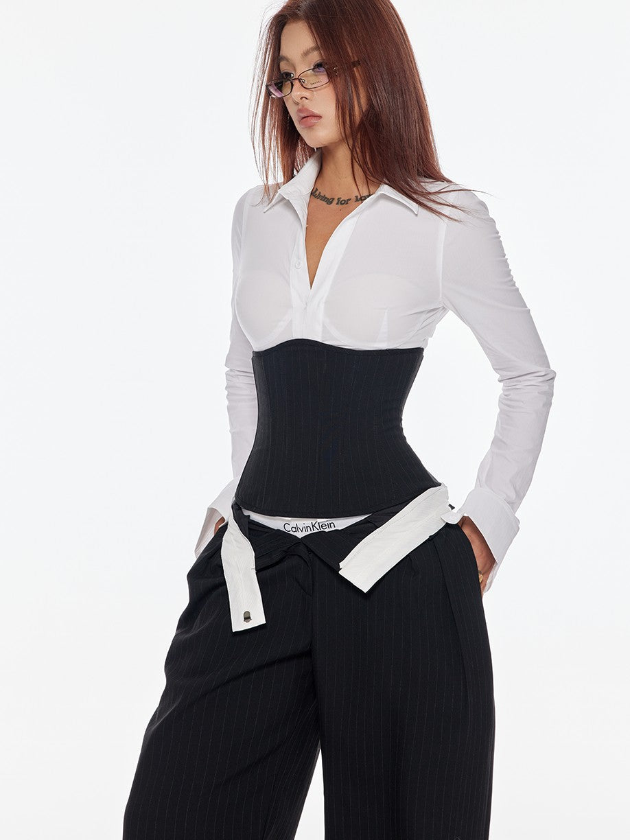 BUM STUDIO Vertical Stripe Composite Craft Smoking Women's Cotton High Waist Tailored Pants