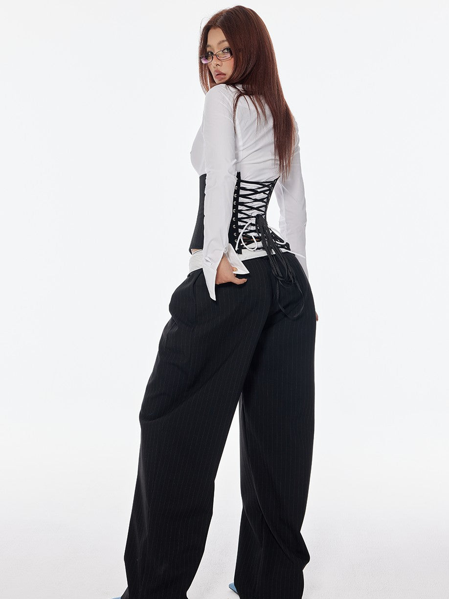 BUM STUDIO Vertical Stripe Composite Craft Smoking Women's Cotton High Waist Tailored Pants