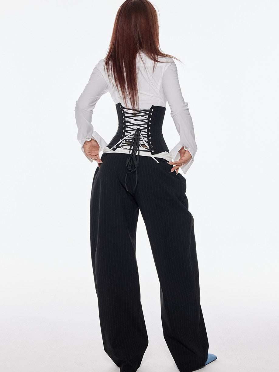 BUM STUDIO Vertical Stripe Composite Craft Smoking Women's Cotton High Waist Tailored Pants