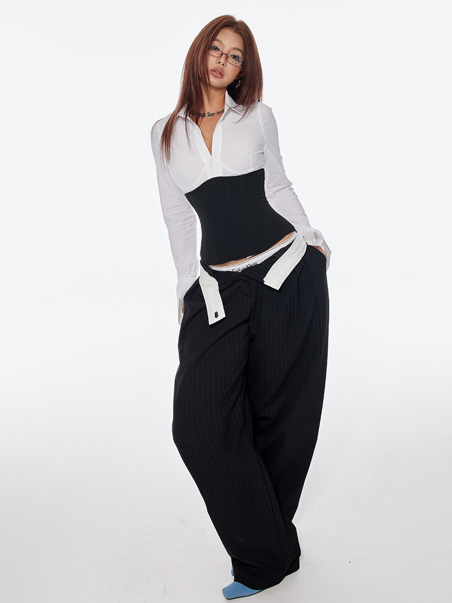 BUM STUDIO Vertical Stripe Composite Craft Smoking Women's Cotton High Waist Tailored Pants
