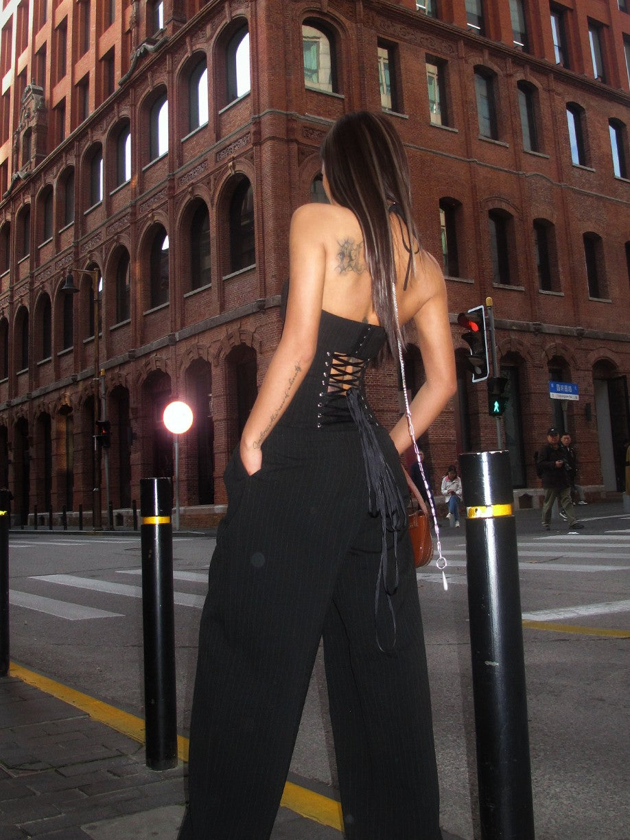 BUM STUDIO Vertical Stripe Composite Craft Smoking Women's Cotton High Waist Tailored Pants