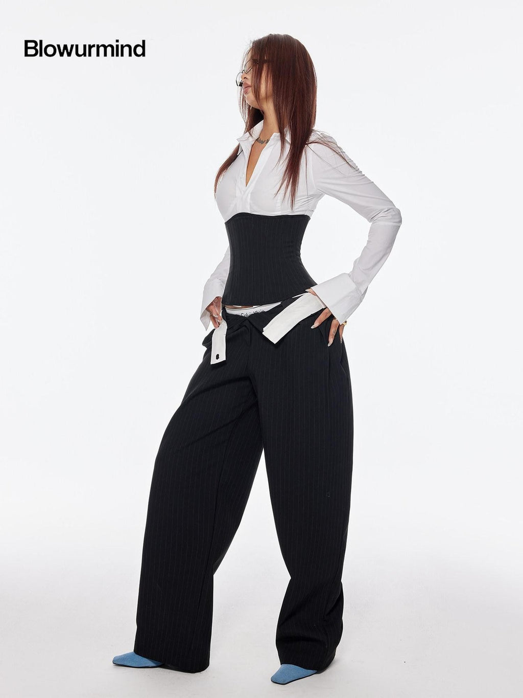 BUM STUDIO Vertical Stripe Composite Craft Smoking Women's Cotton High Waist Tailored Pants