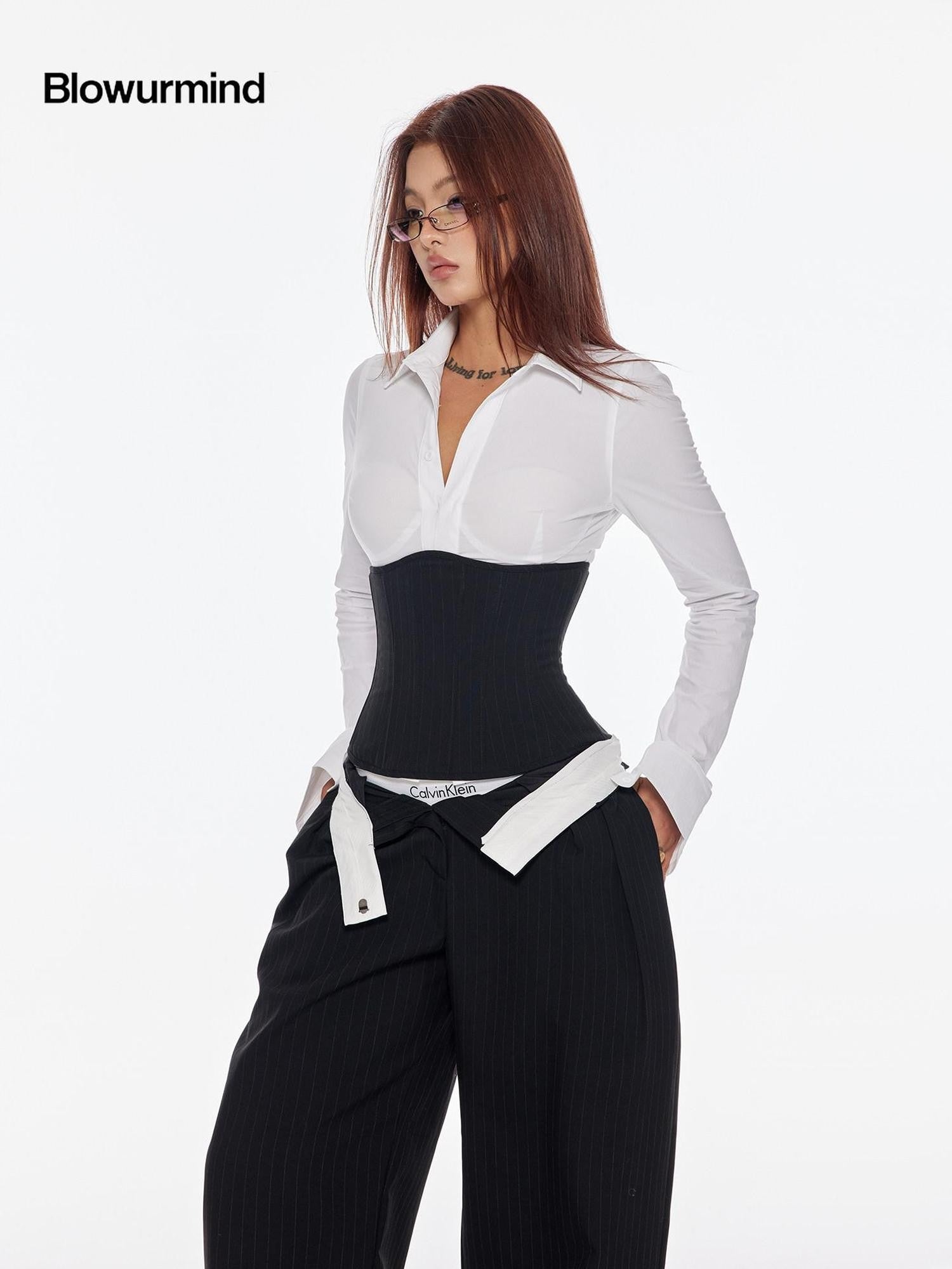 BUM STUDIO Vertical Stripe Composite Craft Smoking Women's Cotton High Waist Tailored Pants