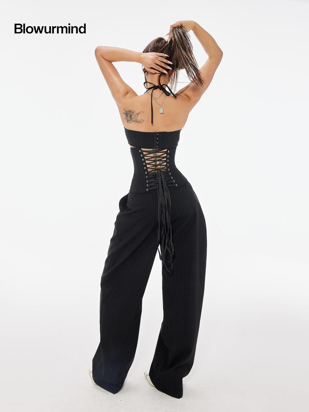 BUM STUDIO Vertical Stripe Composite Craft Smoking Women's Cotton High Waist Tailored Pants