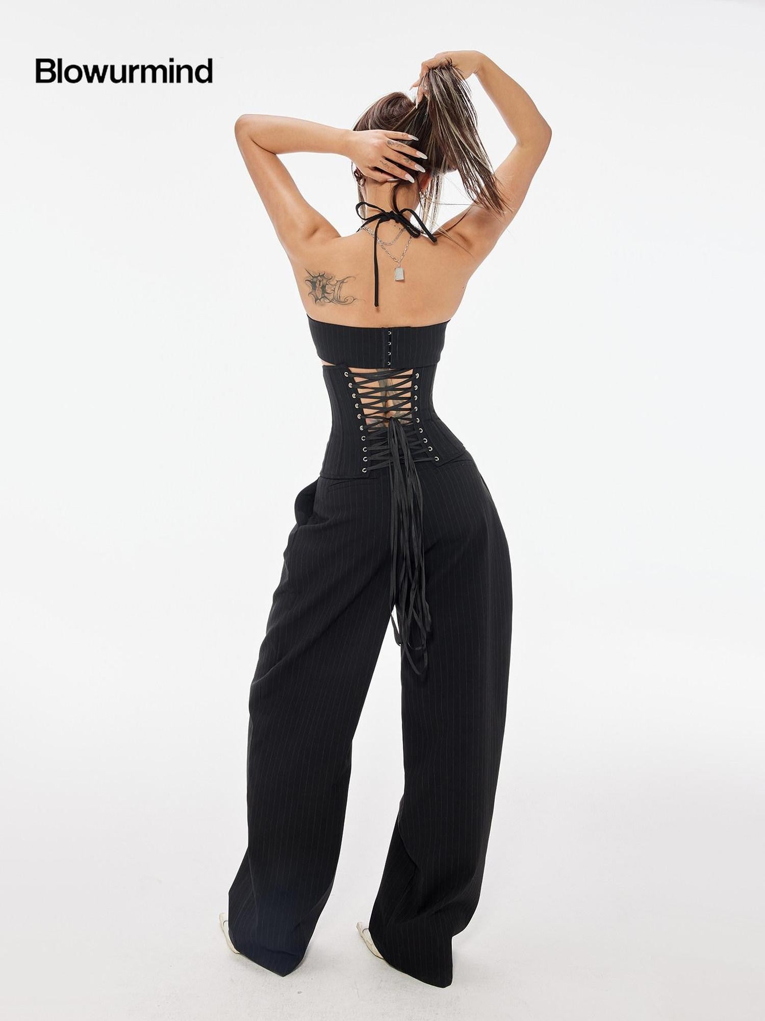 BUM STUDIO Vertical Stripe Composite Craft Smoking Women's Cotton High Waist Tailored Pants