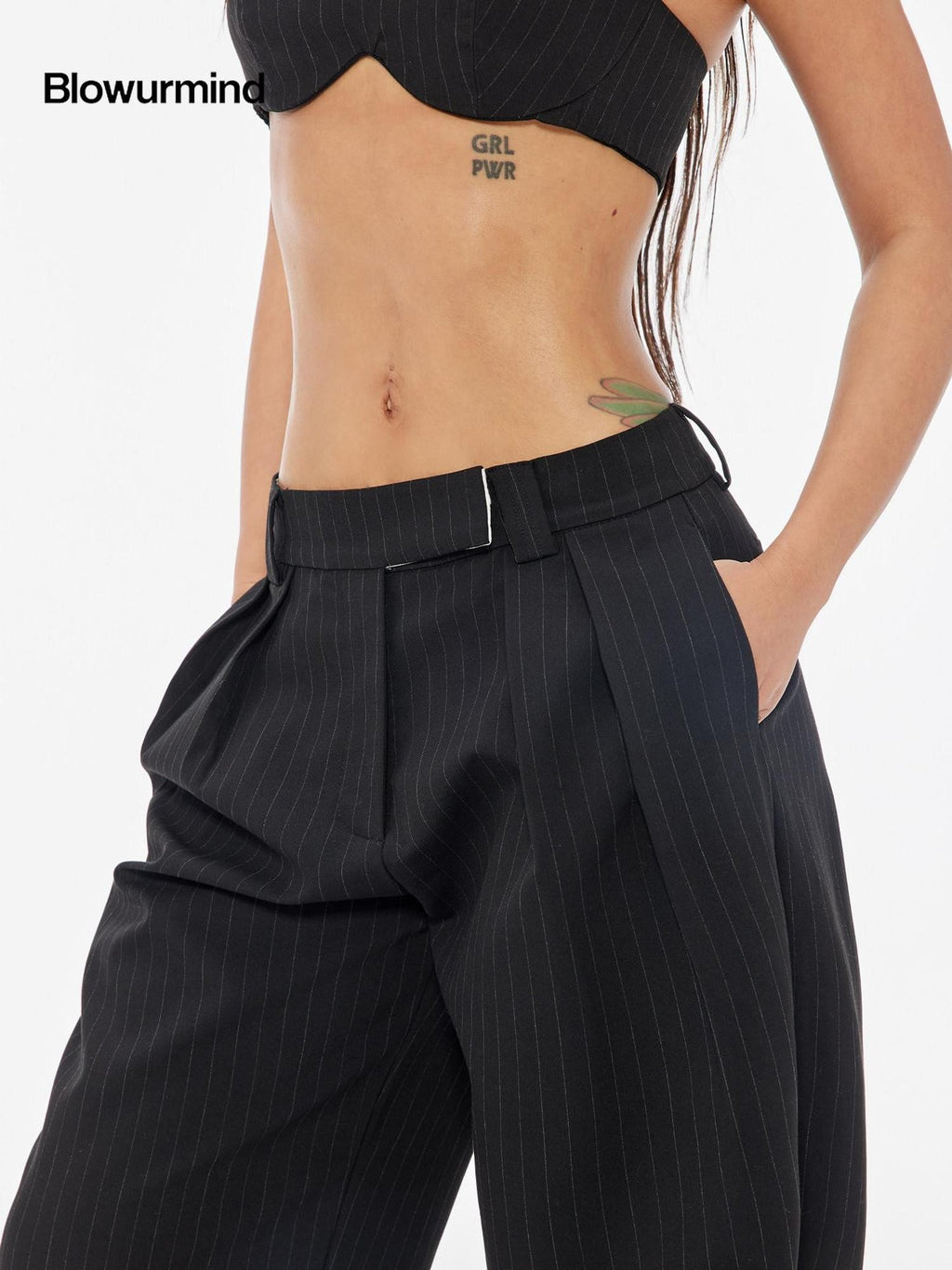 BUM STUDIO Vertical Stripe Composite Craft Smoking Women's Cotton High Waist Tailored Pants