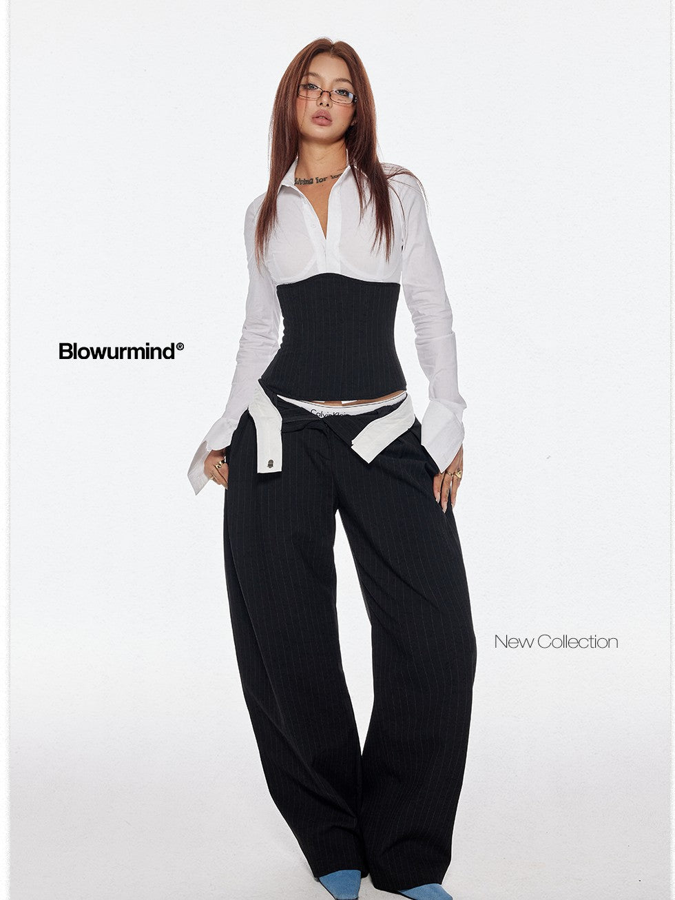 BUM STUDIO Vertical Stripe Composite Craft Smoking Women's Cotton High Waist Tailored Pants