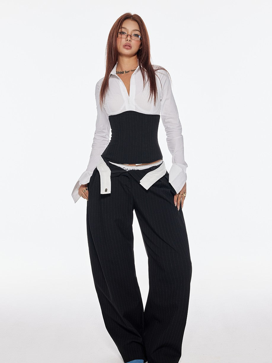 BUM STUDIO Vertical Stripe Composite Craft Smoking Women's Cotton High Waist Tailored Pants