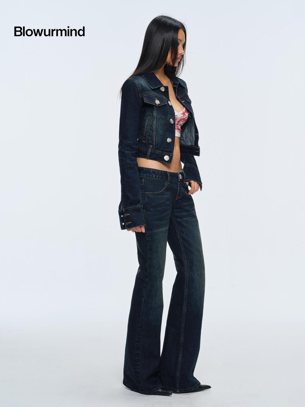 BUM STUDIO Vintage Dark Wash Embroidered Low Rise Women's Cotton Bootcut Jeans