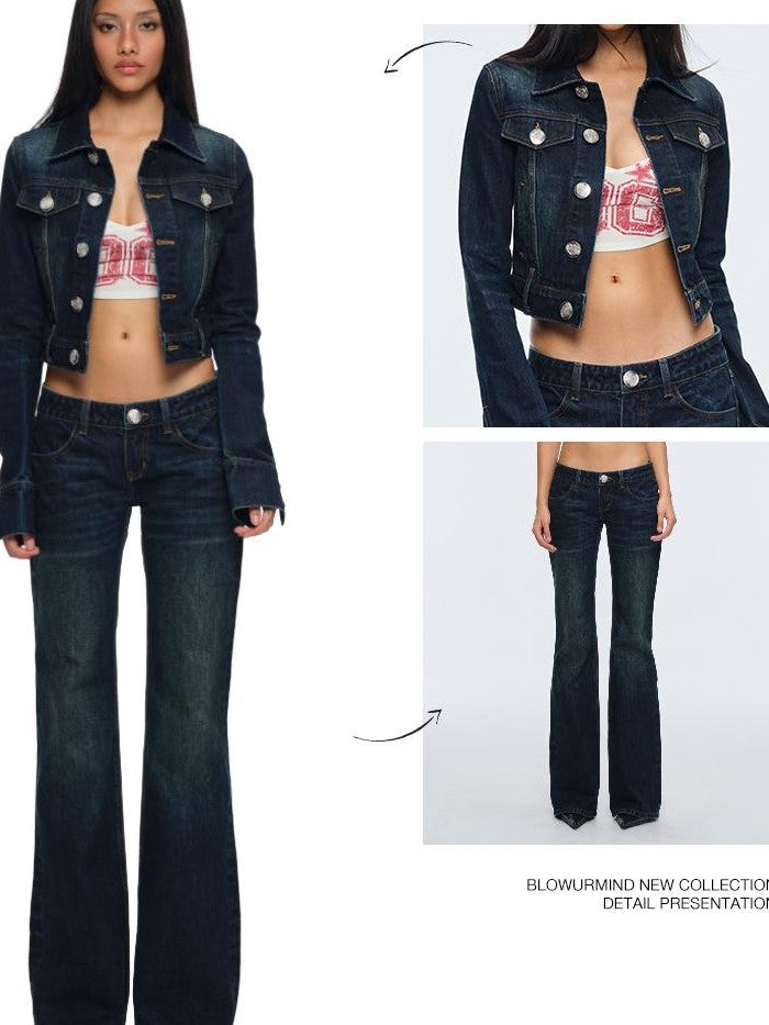 BUM STUDIO Vintage Dark Wash Embroidered Low Rise Women's Cotton Bootcut Jeans