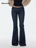 BUM STUDIO Vintage Deep Indigo Washed Asymmetric Low Waist Women's Cotton Blend Flare Jeans