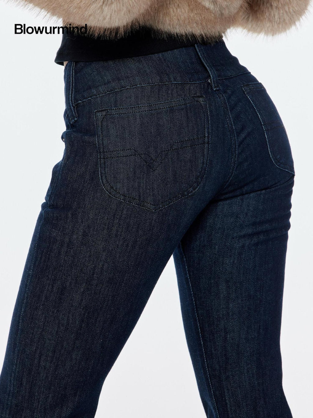 BUM STUDIO Vintage Deep Indigo Washed Asymmetric Low Waist Women's Cotton Blend Flare Jeans