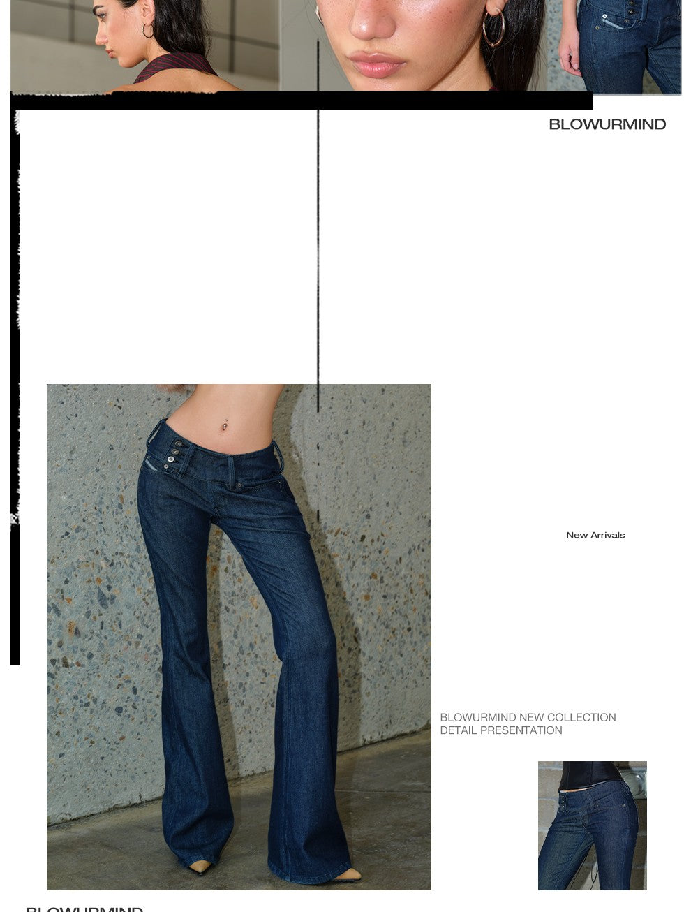 BUM STUDIO Vintage Deep Indigo Washed Asymmetric Low Waist Women's Cotton Blend Flare Jeans