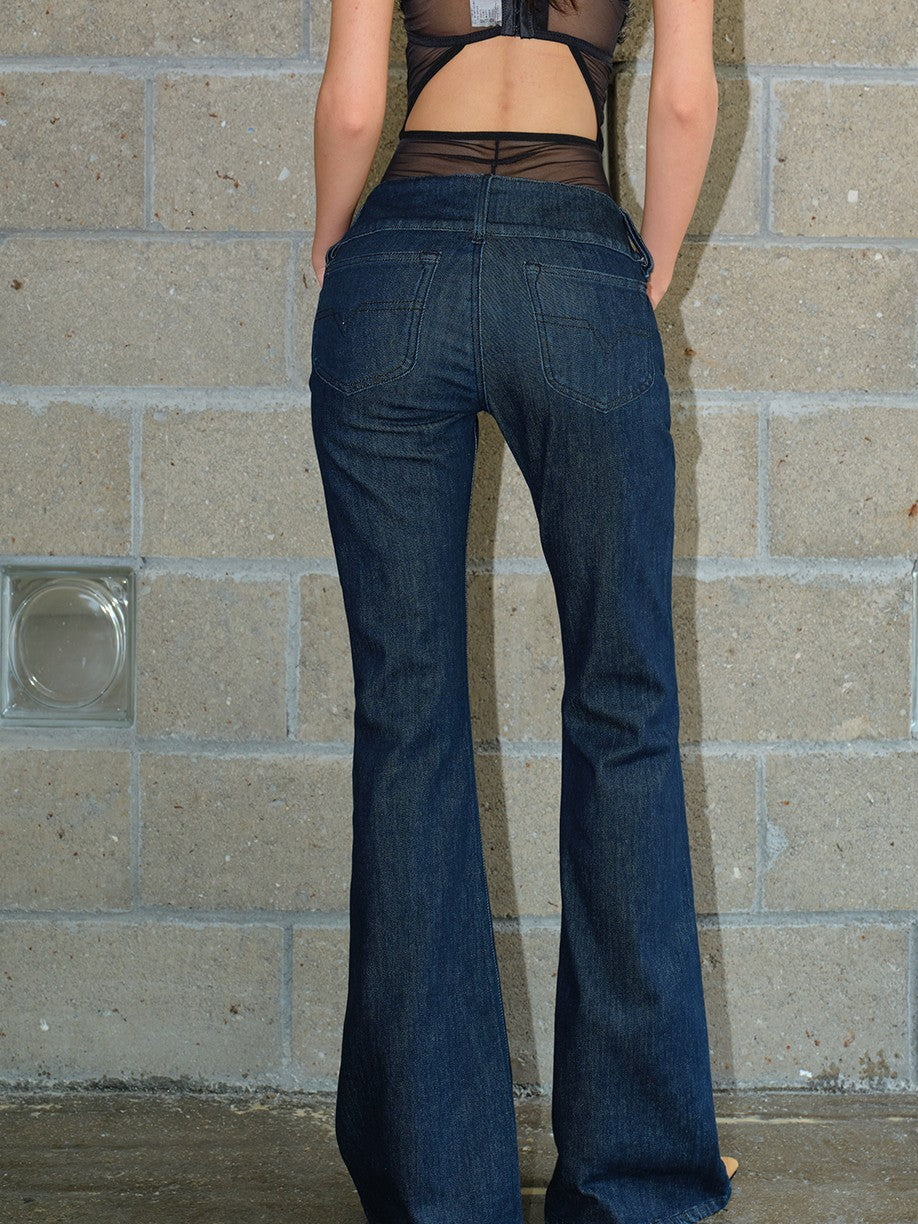 BUM STUDIO Vintage Deep Indigo Washed Asymmetric Low Waist Women's Cotton Blend Flare Jeans